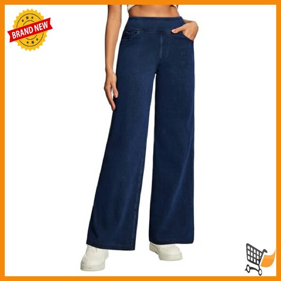 High Waist Wide Leg Pull On Jeans Stretchy Denim Pants Straight Leg - Picture 2 of 7
